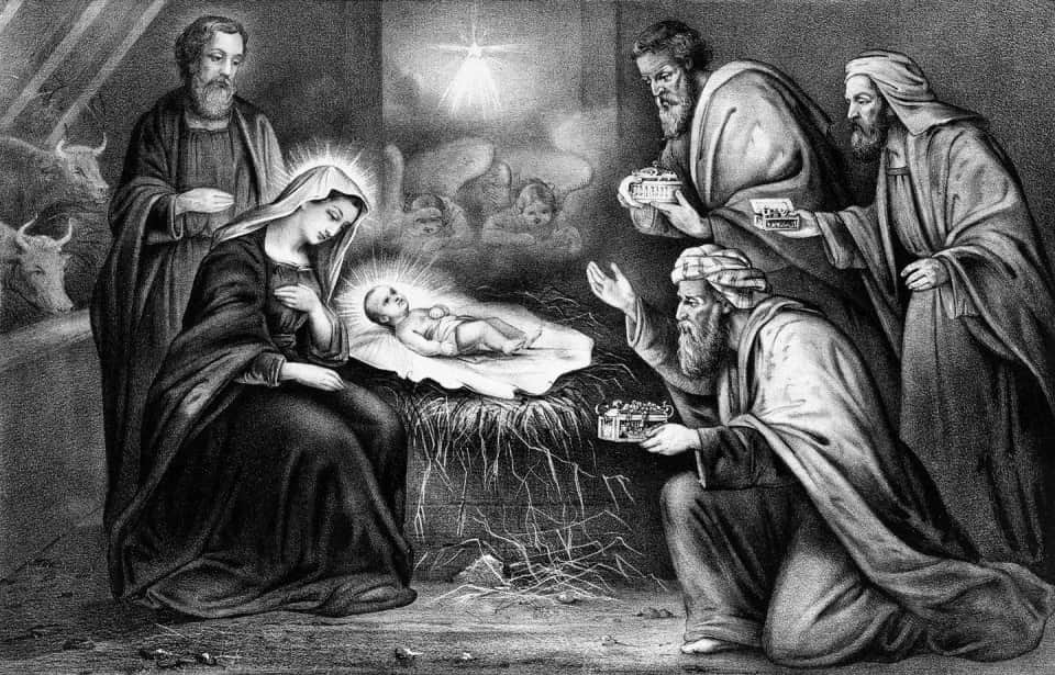 Natural Pharmaceuticals „Movisan® Collagen II” Šv. Kūdikėlio Jėzaus gimimo scena su Marija, Juozapu ir Trimis Karaliais, nešiančiais dovanas.