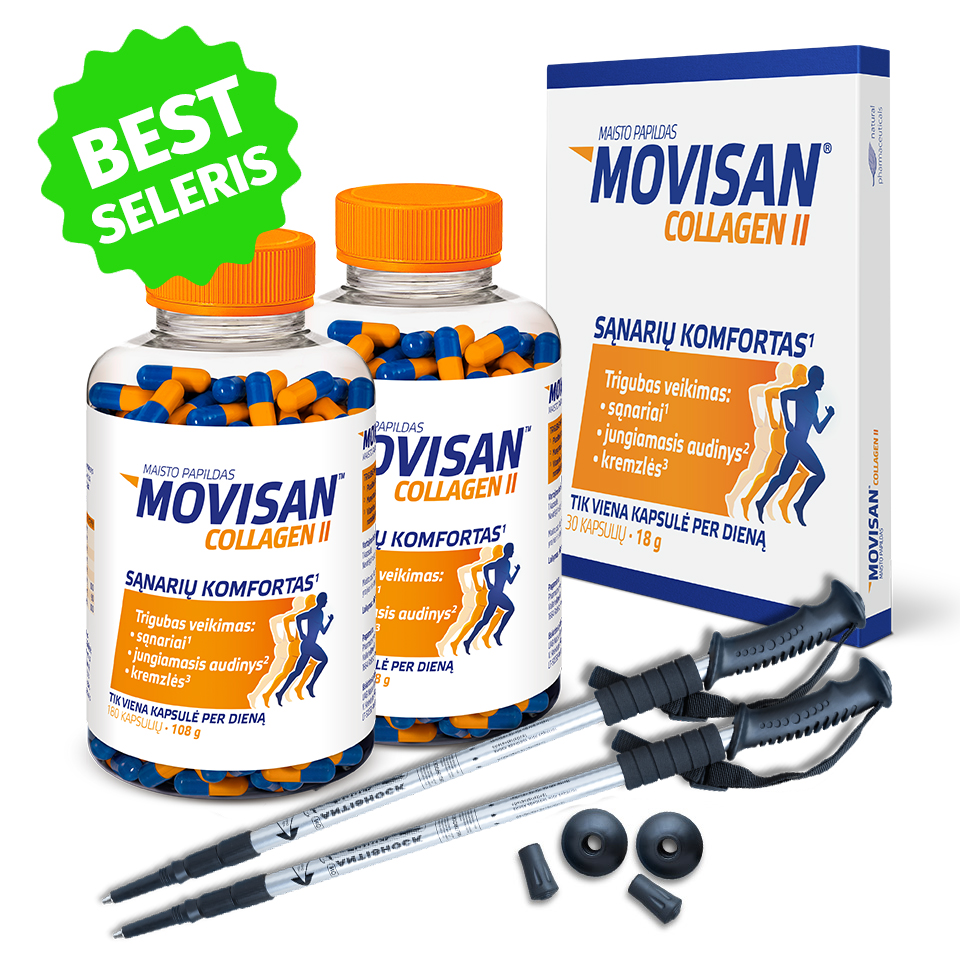 Natural Pharmaceuticals „Movisan® Collagen II” „Movisan® Collagen II” papildų rinkinys: dvi kapsulių pakuotės, viena kartoninė pakuotė ir pora nordic walking lazdų dovanai. Žalioje etiketėje užrašas „Best seleris“. Papildas stiprina sąnarius, jungiamąjį audinį ir kremzles.