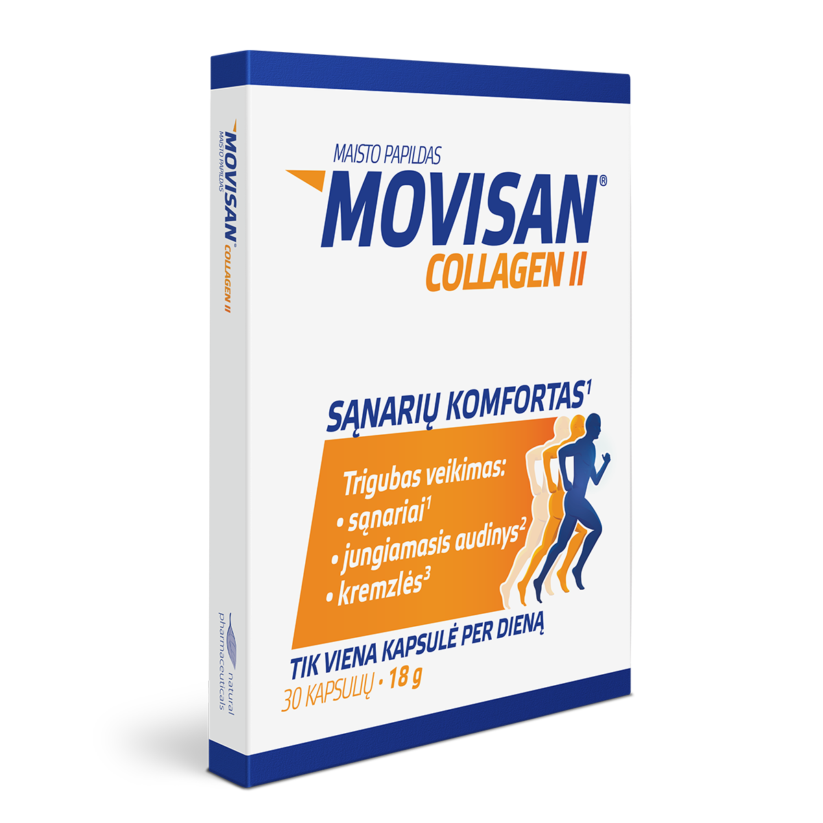 Natural Pharmaceuticals „Movisan® Collagen II” Maisto papildo „„Movisan® Collagen II”“ pakuotė. Šūkis: „Sąnarių komfortas“ (Sąnarių komfortas). Išskiriamas trigubas poveikis: sąnariams, jungiamajam audiniui ir kremzlei. Sudėtyje yra 30 kapsulių, 18 g. Grafikoje matomos trys bėgančios figūros.