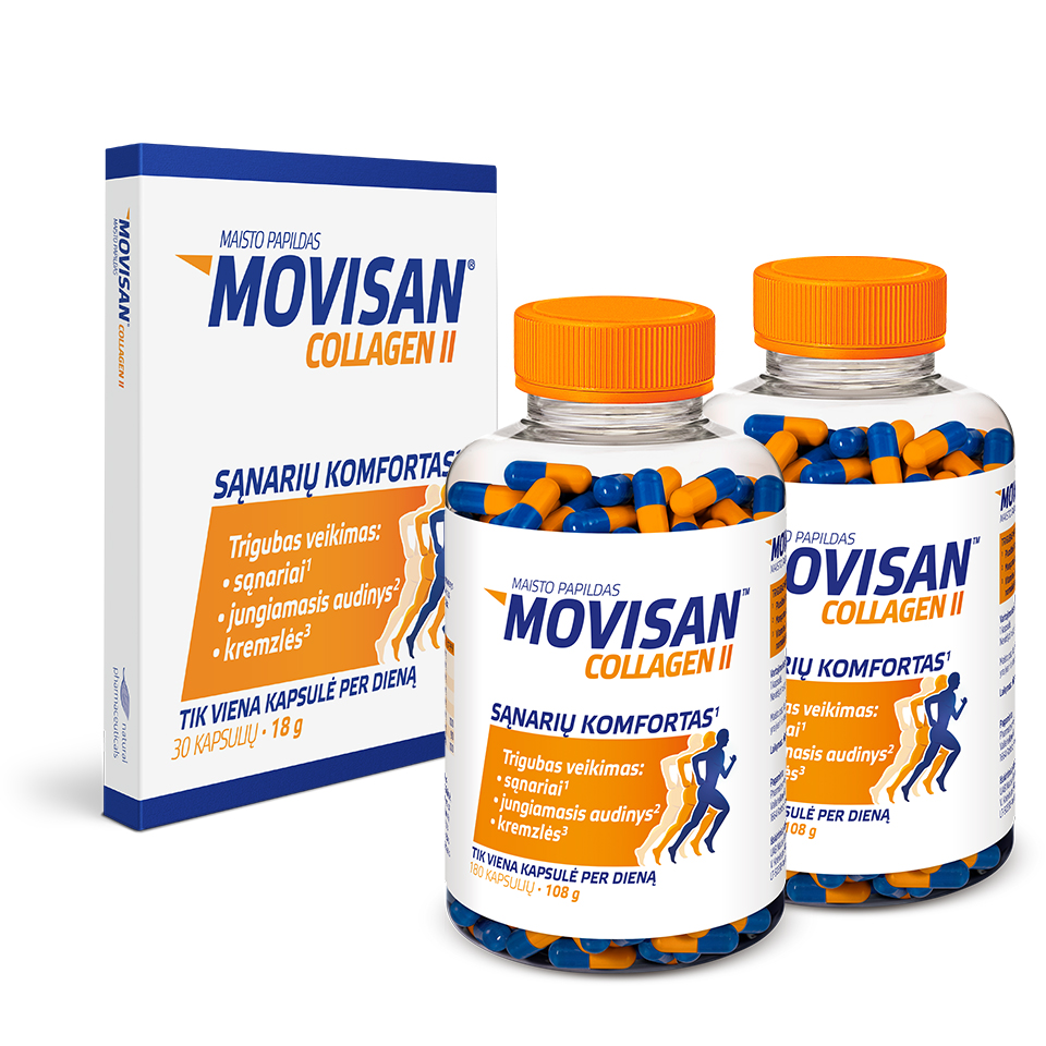 Natural Pharmaceuticals „Movisan® Collagen II” Pakuotė ir dvi buteliukai maisto papildo „Movisan® Collagen II”. Ant etiketės nurodyta informacija apie trigubą poveikį: sąnariams, jungiamajam audiniui ir kremzlei. Matomos mėlynos ir oranžinės kapsulės skaidriose buteliukuose su oranžiniais kamščiais.