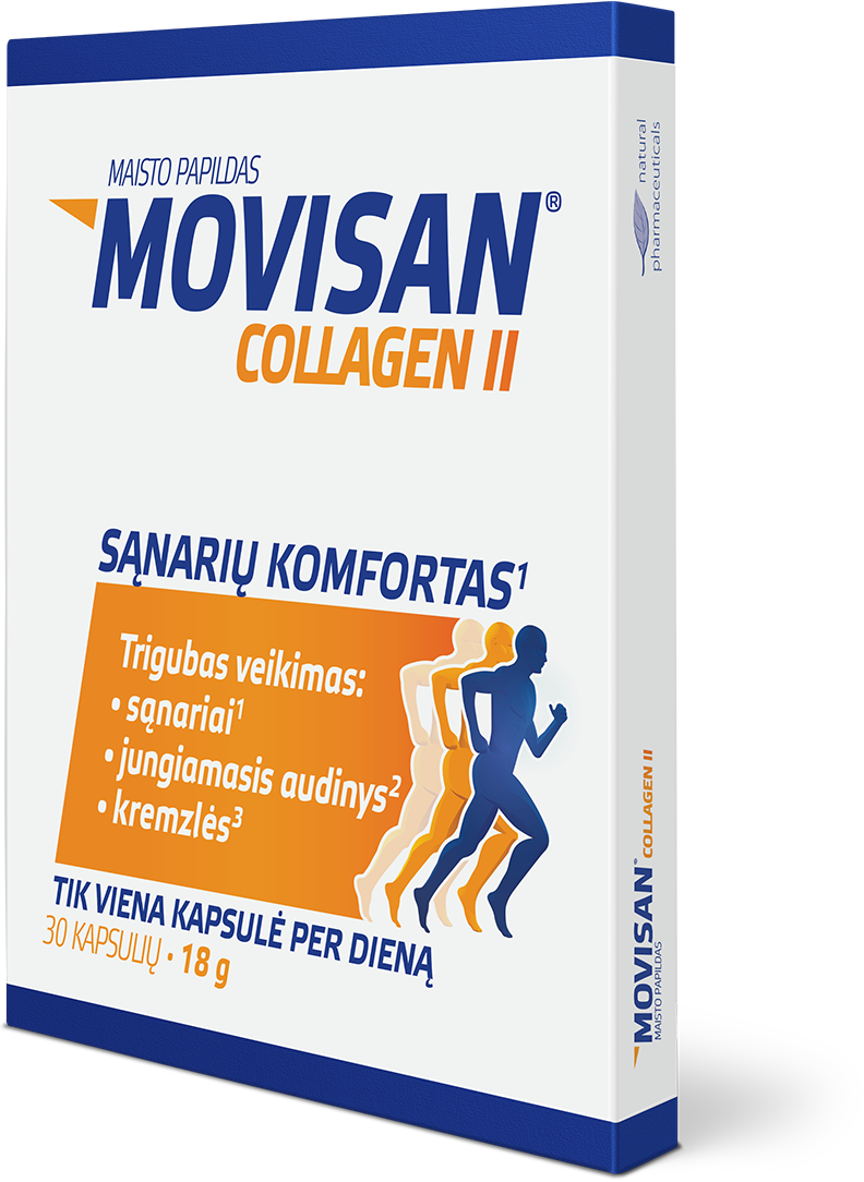 Natural Pharmaceuticals „Movisan® Collagen II” Maisto papildo „Movisan® Collagen II” pakuotė. Priekyje yra užrašas „Sąnarių komfortas“ ir informacija apie trigubą poveikį: sąnariams, jungiamajam audiniui ir kremzlei. Sudėtis: 30 kapsulių, 18 g.