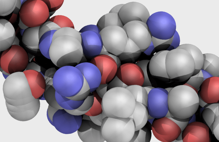 Natural Pharmaceuticals „Movisan® Collagen II” Molekulinis baltymo modelis, atvaizduojantis atomų struktūrą ir cheminius ryšius trimatėje erdvėje.
